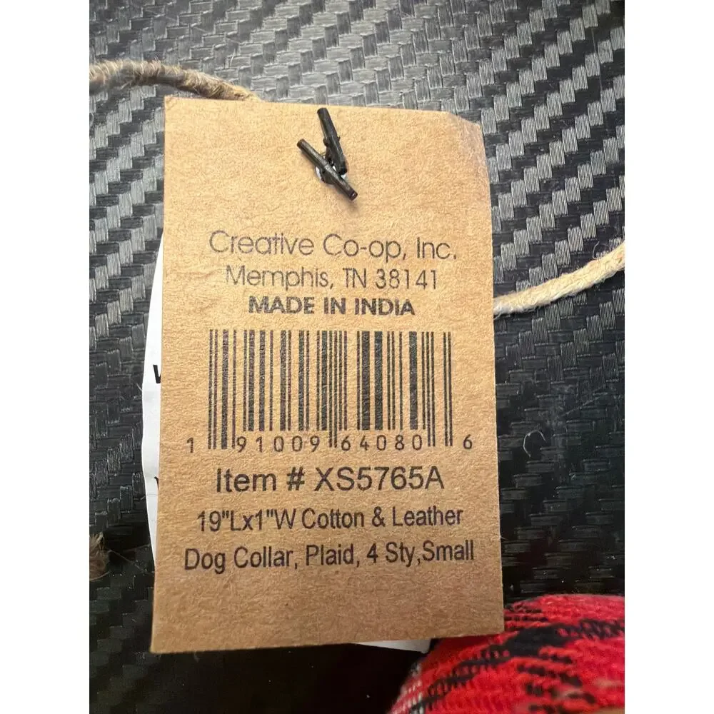 NWT Creative Co-op Cotton & Leather Extra Small Red Plaid Dog Collar